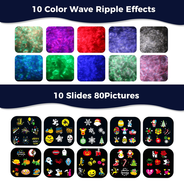 15W Brighter Halloween Decorations Projector Lights and Christmas Projector Outdoor 2025 Upgrade, 10 HD Slides (3D Ocean Wave & Patterns), 30 Holiday Projector Home Party Light Show